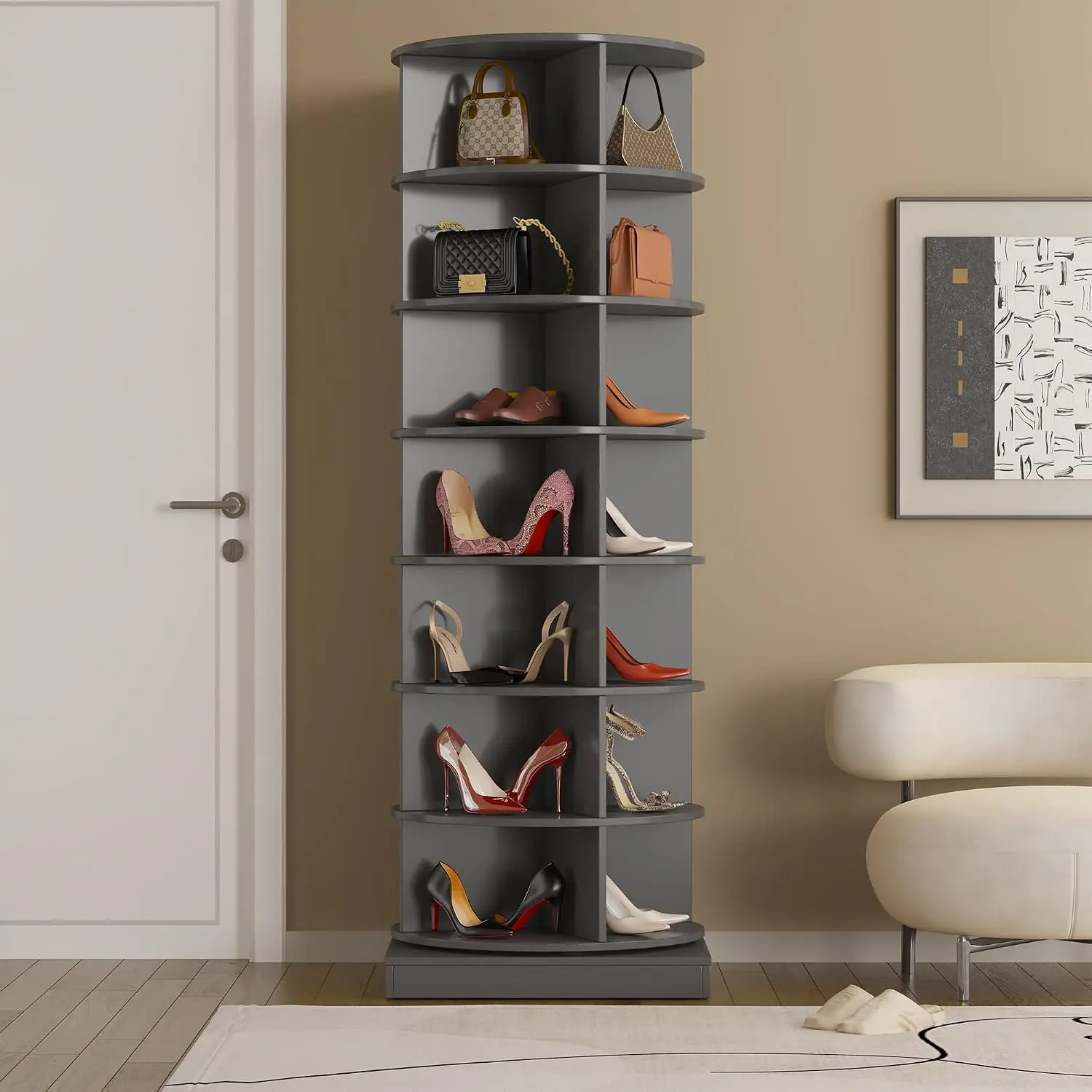 7-Tier Rotating Shoe Rack Tower, 360 Spinning Free Standing Organizer for Entryway, Holds 28 Pairs, Grey, Customized