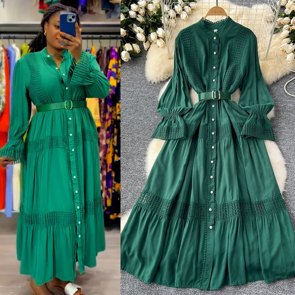 

Long Dress Women Maxi Dresses Stand Collar Flare Sleeve A Line Single Breasted High Waist Vestidos Elegant Y2k Work 2025 Vintage