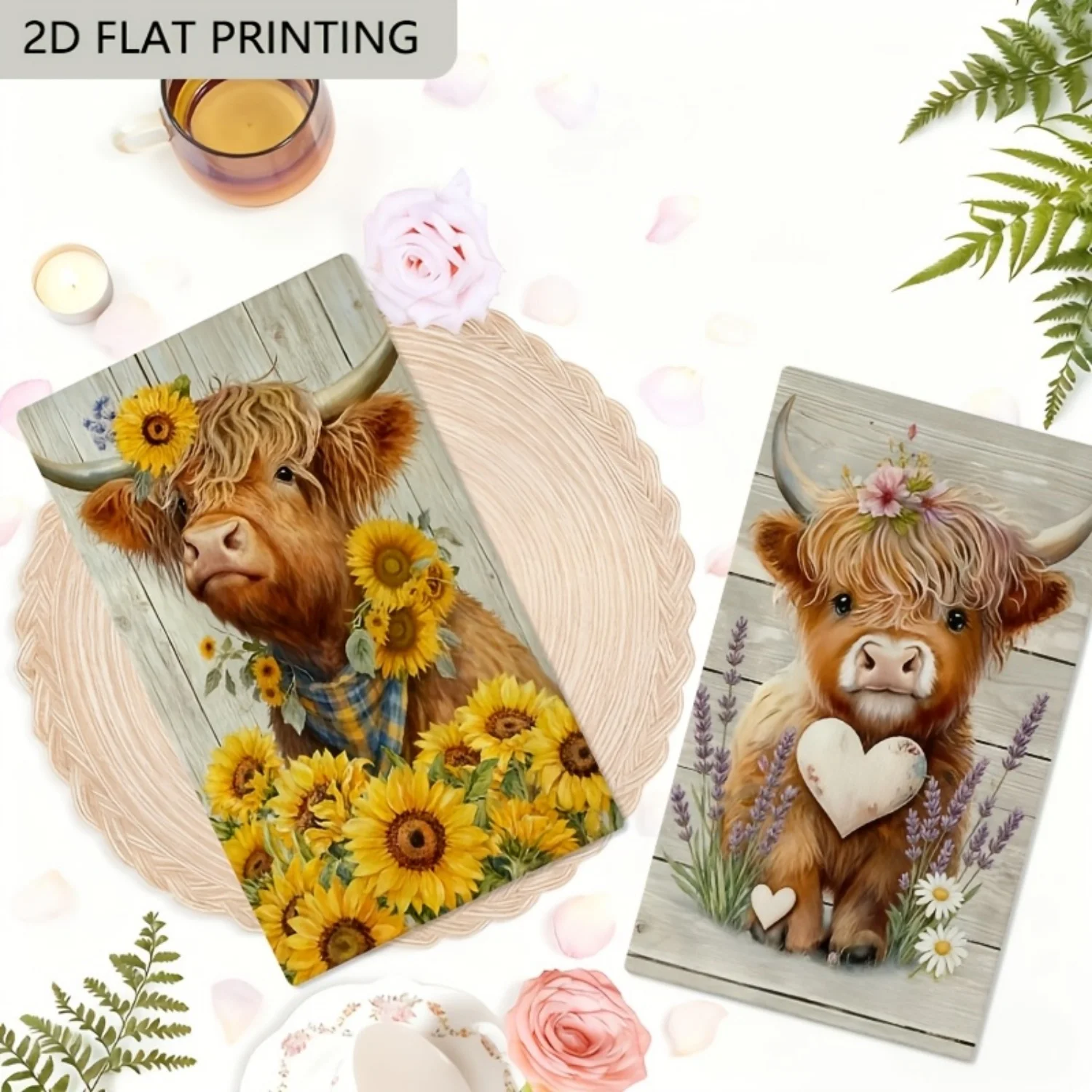 2pcs Scottish Highland Cow & Sunflower Kitchen Towels,Farmhouse Hand Towel Suitable for Farmhouse Decor