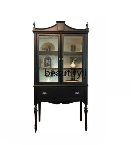 

French retro wine cabinet solid wood carving flower black high cabinet living room partition storage wall high-end side cabinet