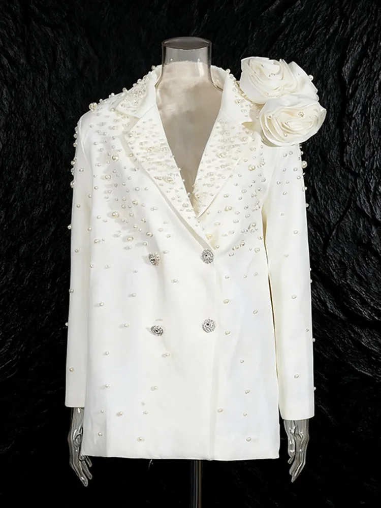 Żakiet damski ZMEENNA, czarny, zdobiony, z perłami, kryształkami, kwiatowym akcentem na ramieniu, elegancka odzież wierzchnia ZM4444