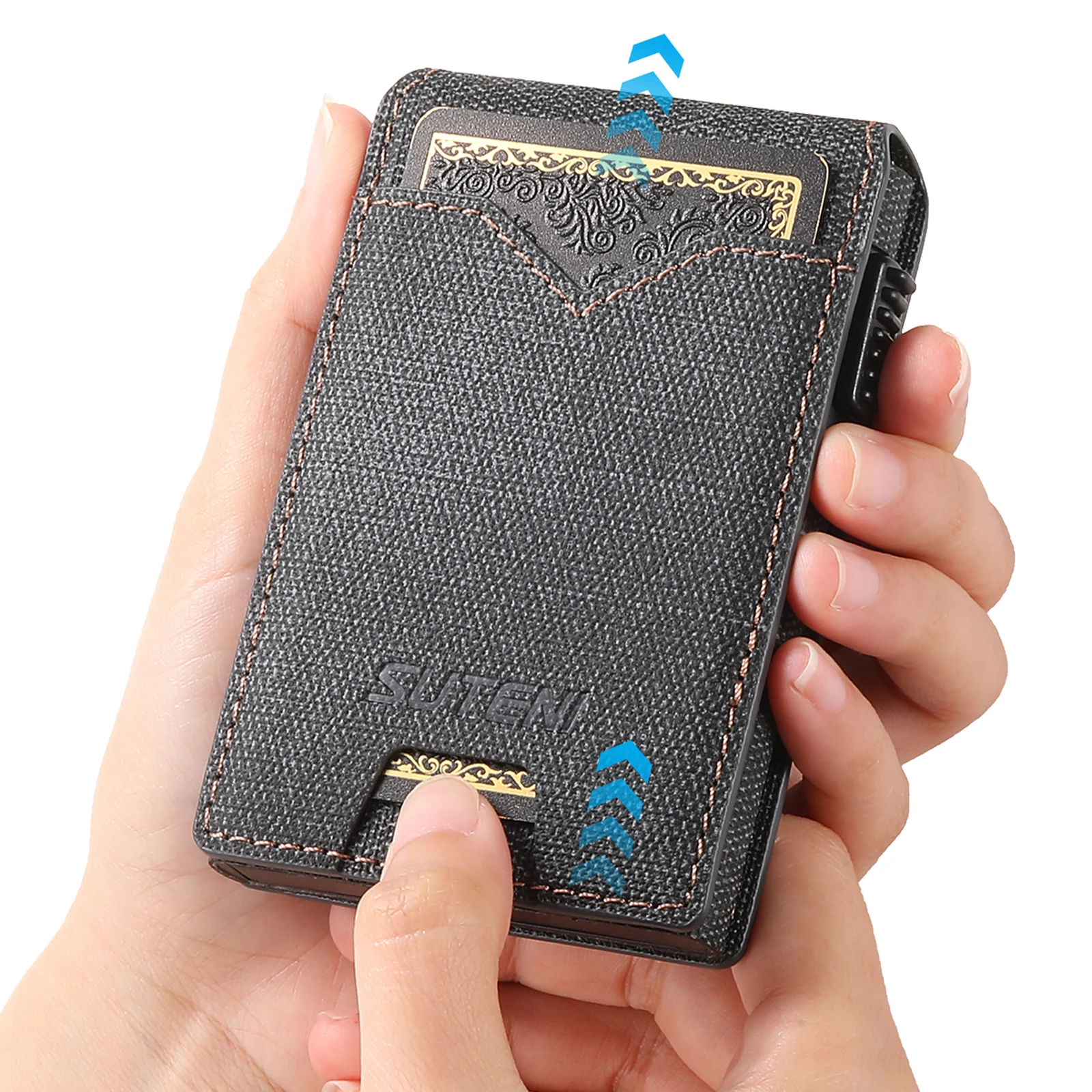 SUTENI Kunstleder für Herren, Geldbörse, Kartensteckplatz, Geldbörse, Flip-Cover, Kartenbox, drückt den Knopf automatisch die Karte aus – Detail 26