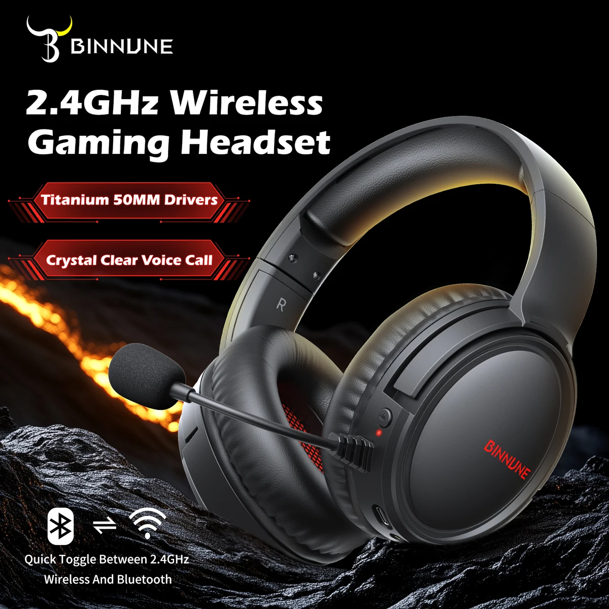 BINNUNE BW02 Wireless Gaming Headset 2.4GHz USB Dongle Bluetooth 7.1 Surround Noise-Cancelling Mic Over Ear Headphones for PS5