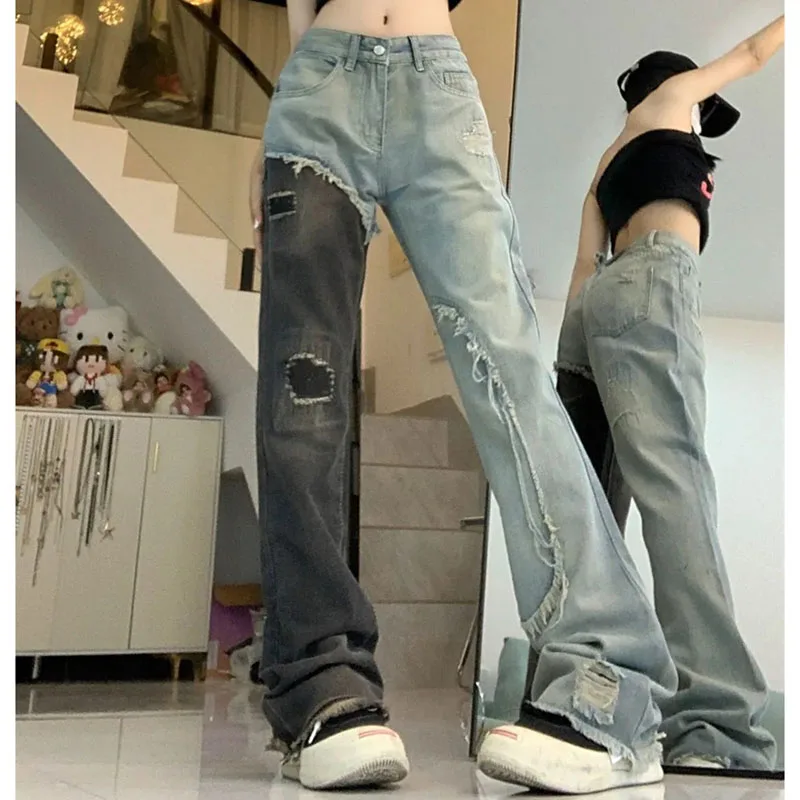 

Retro Lady Patchwork Denim Trousers 2025 Femme High Waist Straight-leg Jeans Spring Autumn Women Fashion Micro Horn Trousers