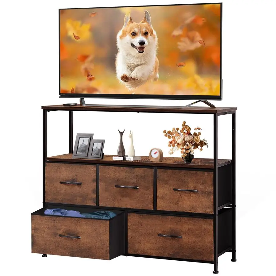 

TV Stand Dresser with 5 Fabric Storage Drawers, Media Console Featuring Open Shelf for 45 inch TV, Compact Entertainment Unit fo
