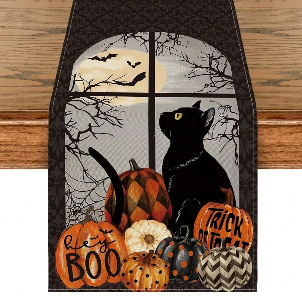 1pc Halloween Table Runner Linen Black Cat Pumpkin Print Multi‑Size Table Decor for Dining Table Kitchen Living Room Holiday