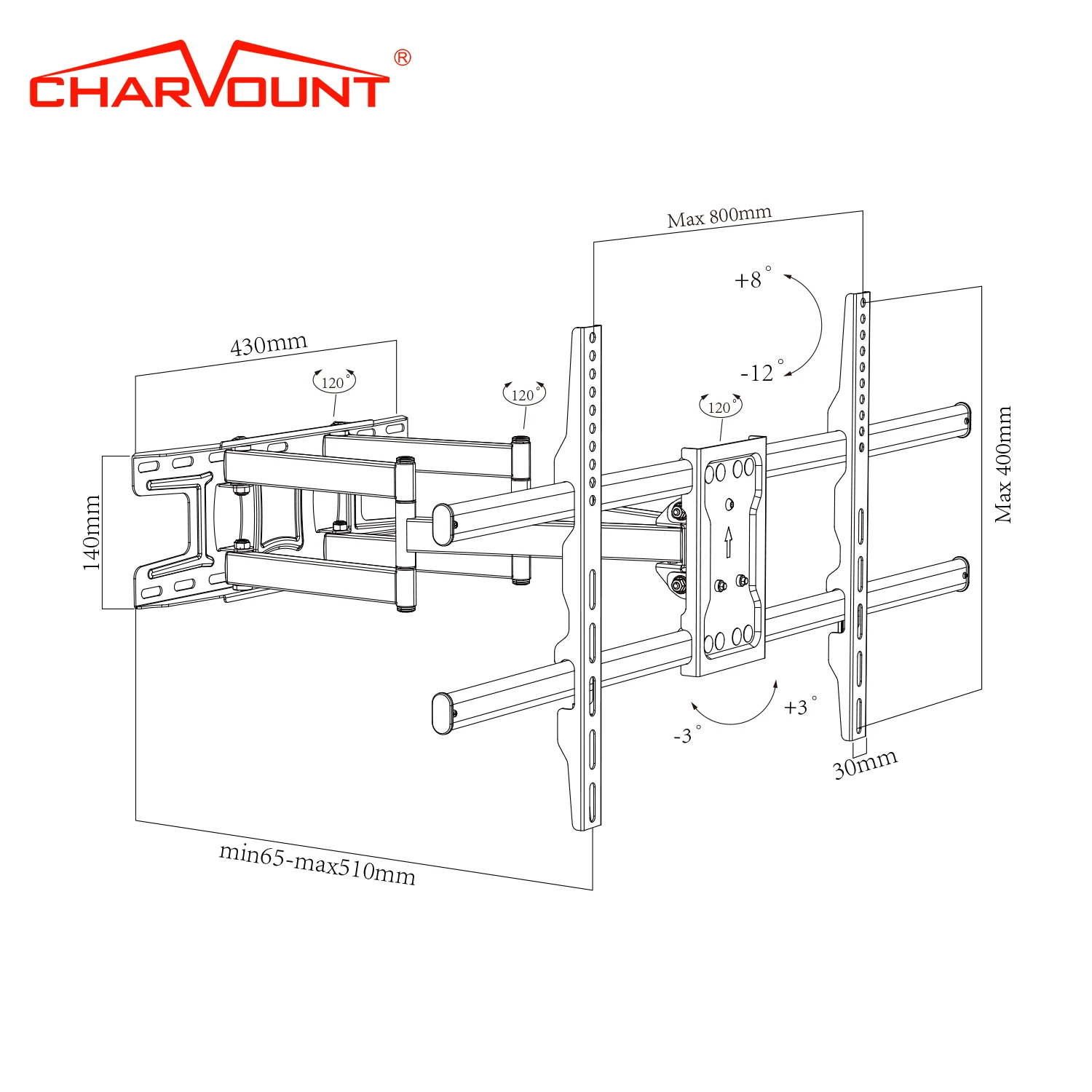 Charmount Full Motion Cantilever Mount for LED LCD Plasma TV with Cable Management 45