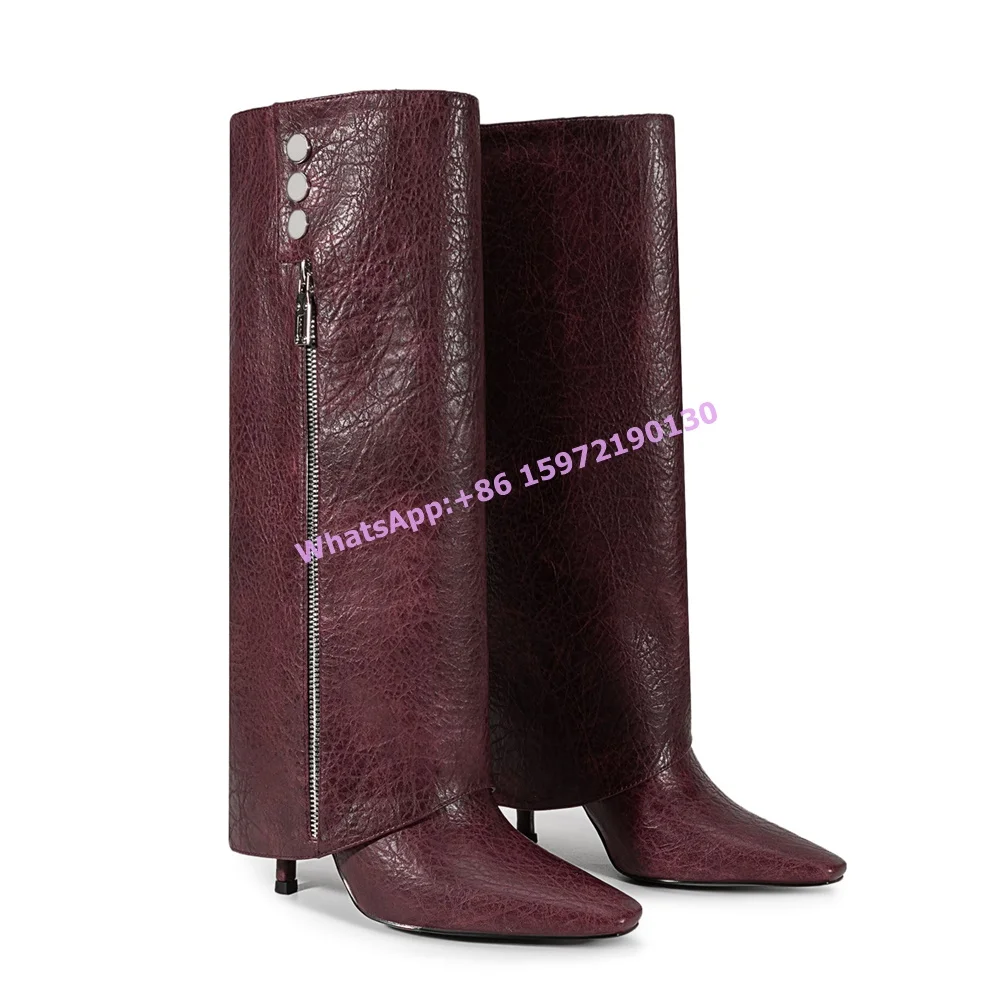 Square Toe Turn Over Edges Boots Thin Heels Slip On Zipper Buckle Dark Red Knee High Boots Fashion Sexy Leather Shoes 2025