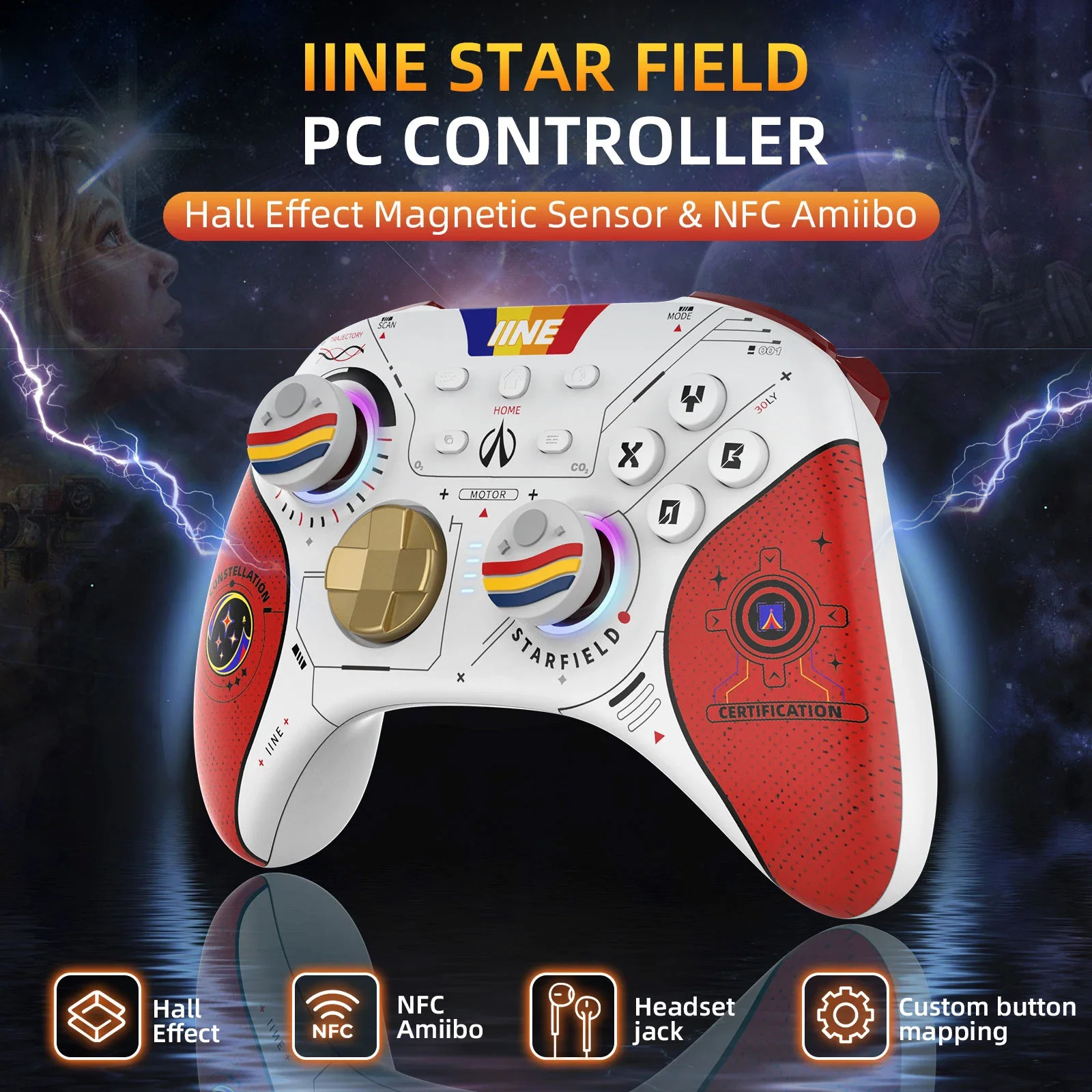 IINE NFC Game Controller Hall Joystick Dual Motor Vibration For Switch/PC/Ios Wireless Wake-up Starry Sky Controller