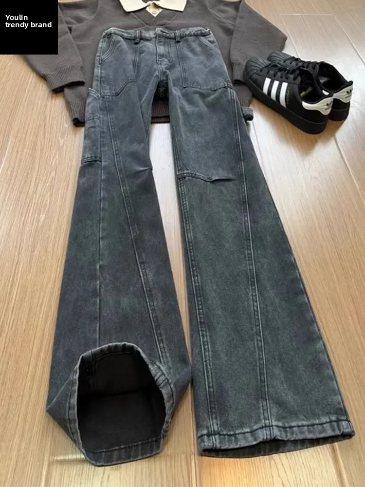 

American Retro Workwear Thiened Straight Leg Men's Jeans Winter Casual Loose Fit Trousers with Knife And Bootcut