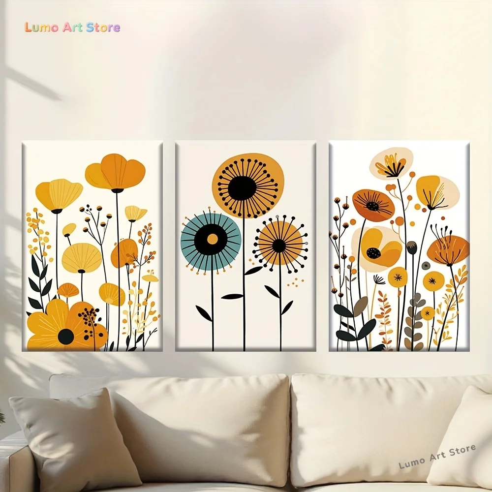 3pcs/set, Canvas painting--Unframed, Simple vector flowers, Artist's drawing, library, office, living room, bar, abstract art