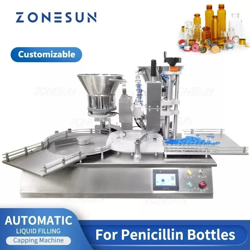 ZONESUN ZS-AFC7-2 Pressa automatica per tappi di riempimento di bottiglie Penicillin con alimentatore per tappi