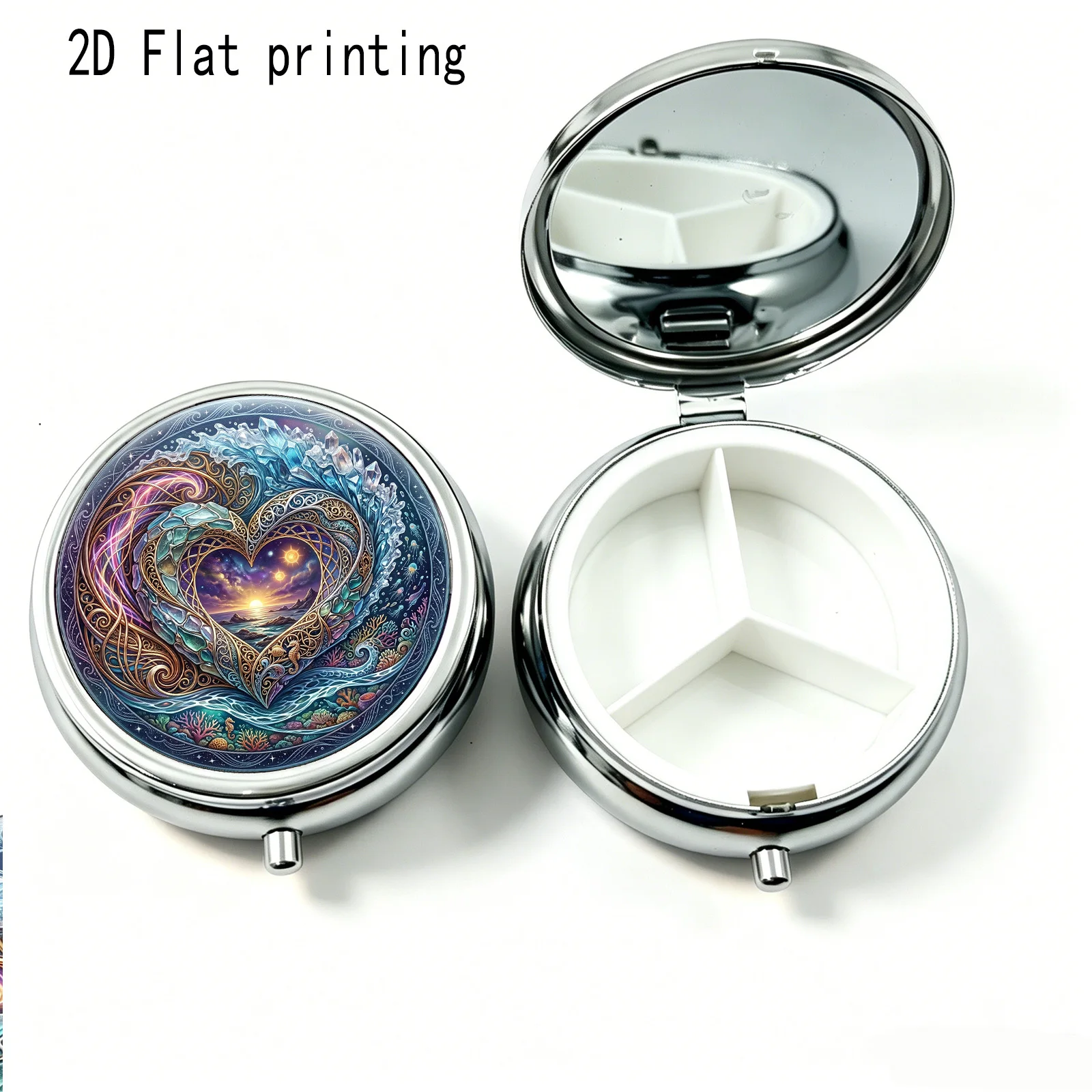 Portable Mini Three-Compartment Pill Box, Starry Sky Ocean Heart-Shaped Crystal Print, Travel Medicine Storage Box, Sealed and Moisture-Proof, Capsule Vitamin Organizer, Portable Small Pill Box