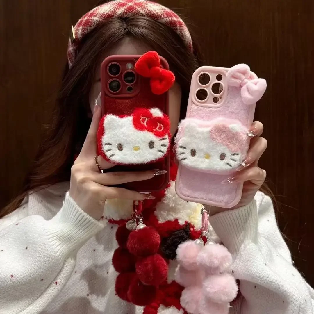 3D Hello Kitty Phone Cartoon Chain Wrist Strap Soft Case for IPhone 16 15 14 Pro Max 13 12 Cute Warm Fur Fluffy Cover for Winter