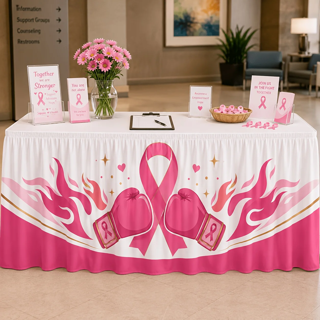 1 tablecloth dress, breast cancer awareness themed dress, pink ribbon boxing gloves