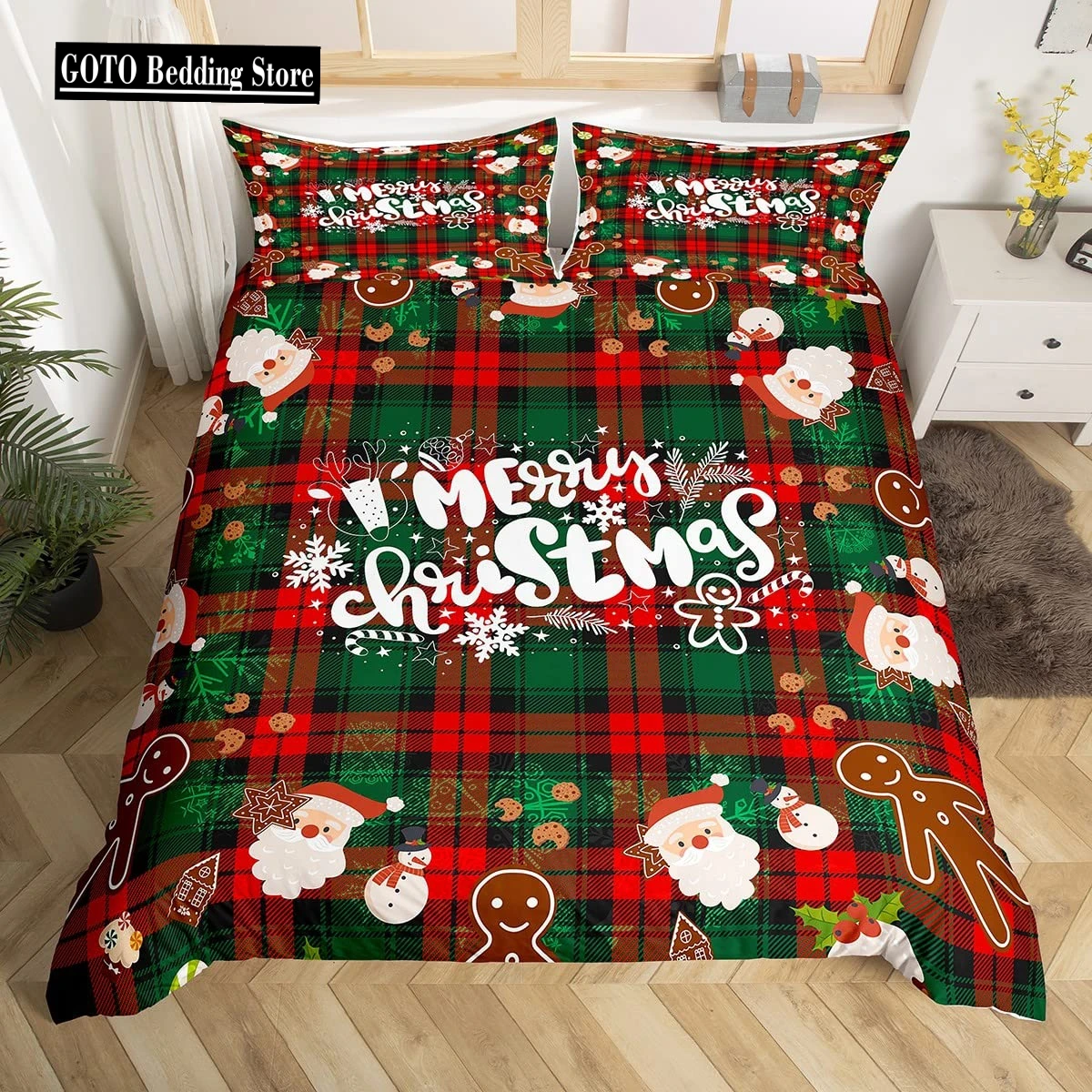 

Christmas King Queen Duvet Cover Santa Claus Snowman Bedding Set Red Green Grid Checkered Quilt Cover Polyester Comforter Cover