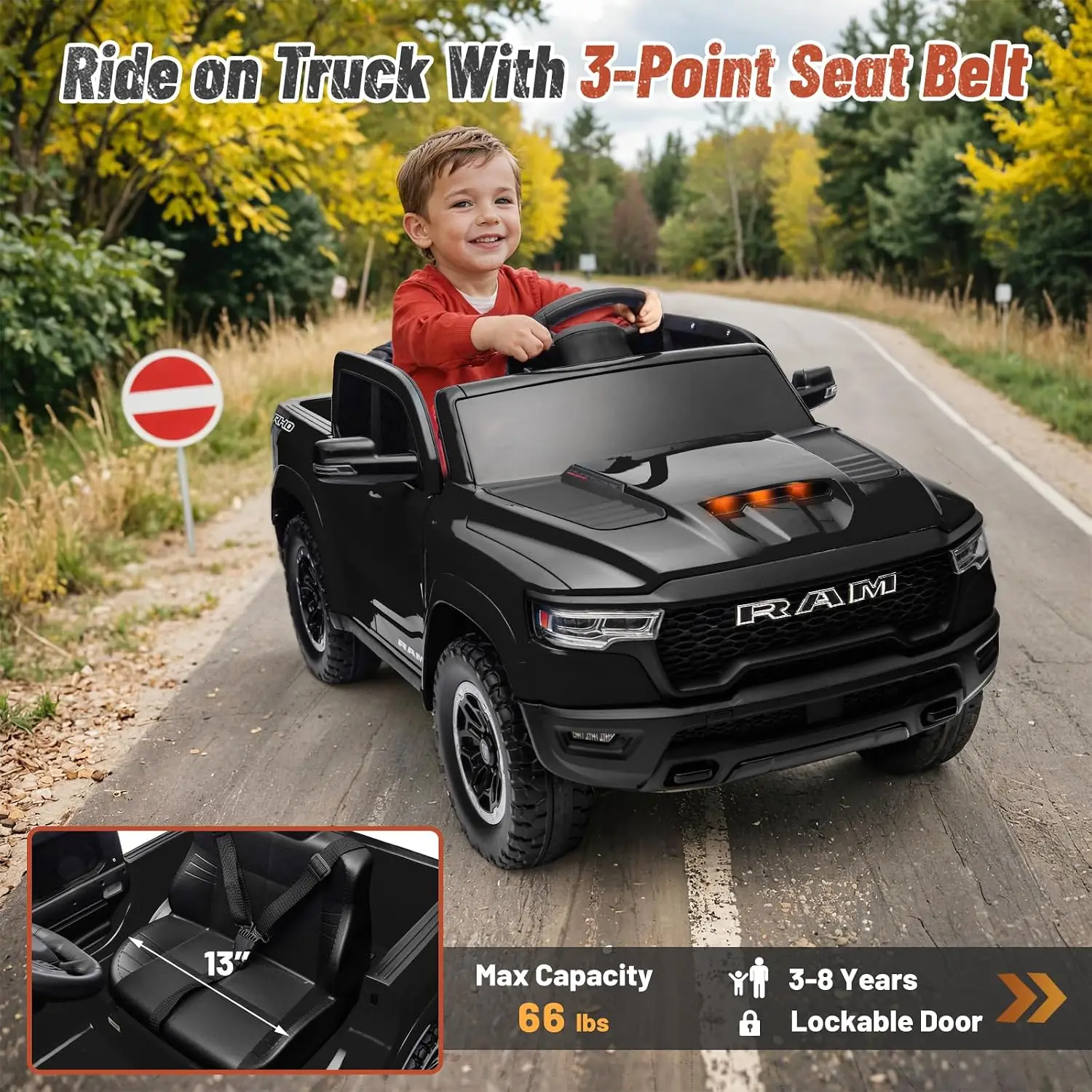 Licensed RAM 1500 12V Kids Ride on Truck, Electric Car with Remote Control, RAM Truck for Kids with Real Key Start & Gear Shifte