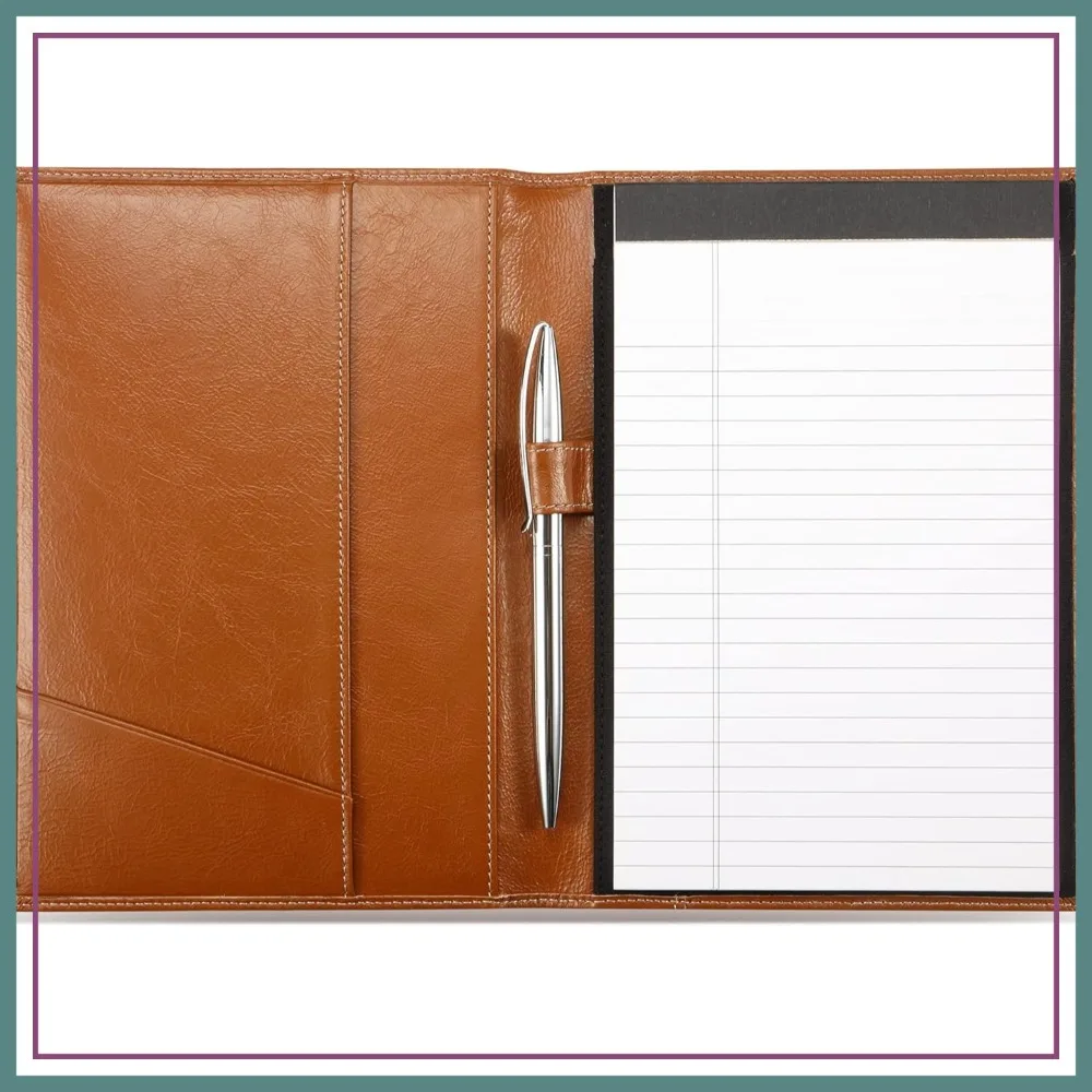 

Italian Calfskin Leather Business Portfolio Notebook Folder for Men & Women, Pen Loop, Antiqued Brown