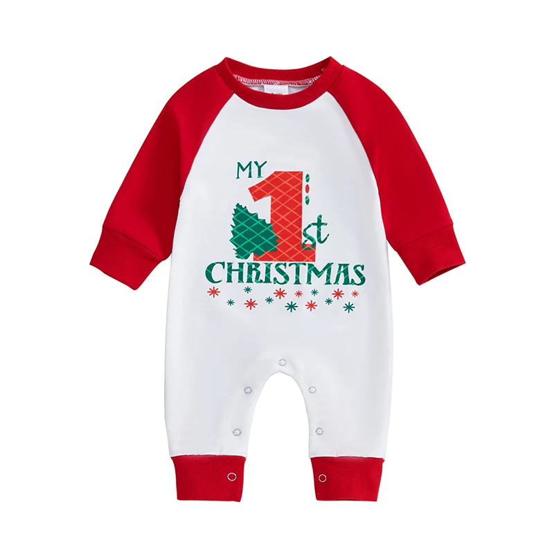 Baby Snap-up Christmas Jumpsuit Santa Hat Letter Number Print Round Neck Long Sleeve Romper