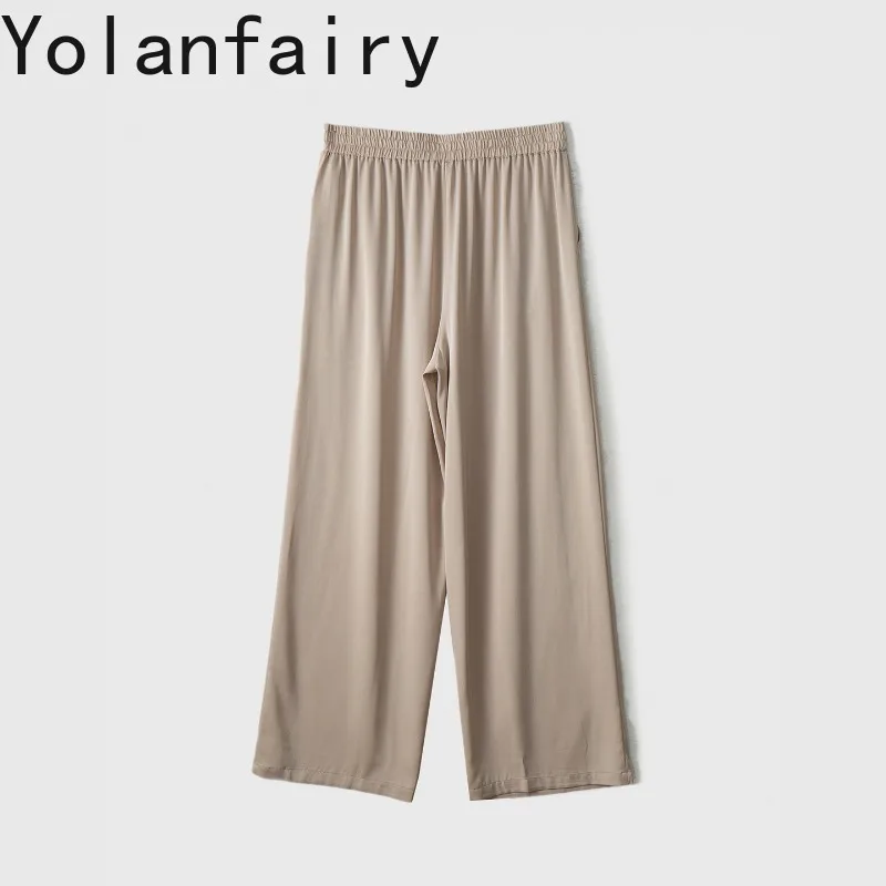 YOLANFAIRY 28 Momme 90% Mulberry Silk Pants for Women Clothing Straight Wide Leg Pants Half Elastic Waist Casual Long Trousers