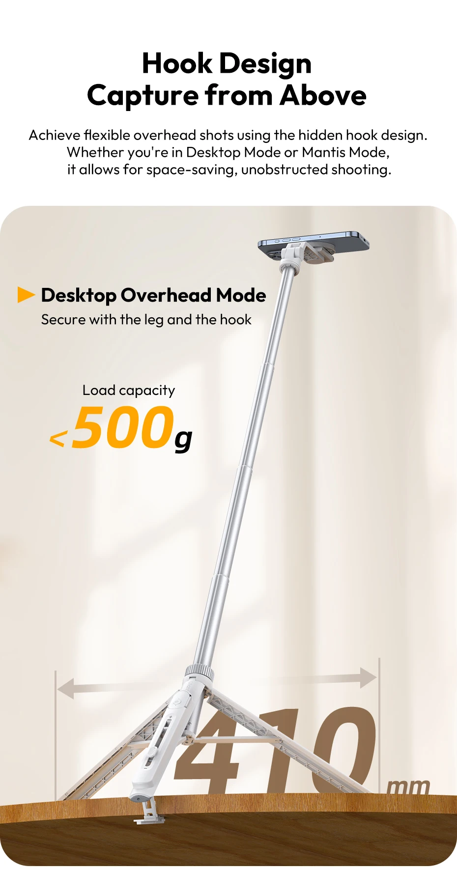 Ulanzi TT88 Overhead-Selfie-Stick 1,44 m mit MagSafe-Klemme, Fotografie-Stativ für Smartphone-Livestreaming und Vlogging mit Fernbedienung, Dual Cold Shoe, Fernbedienungslicht, Desktop-Aufnahme, Mantis-Halterung – Detail 7