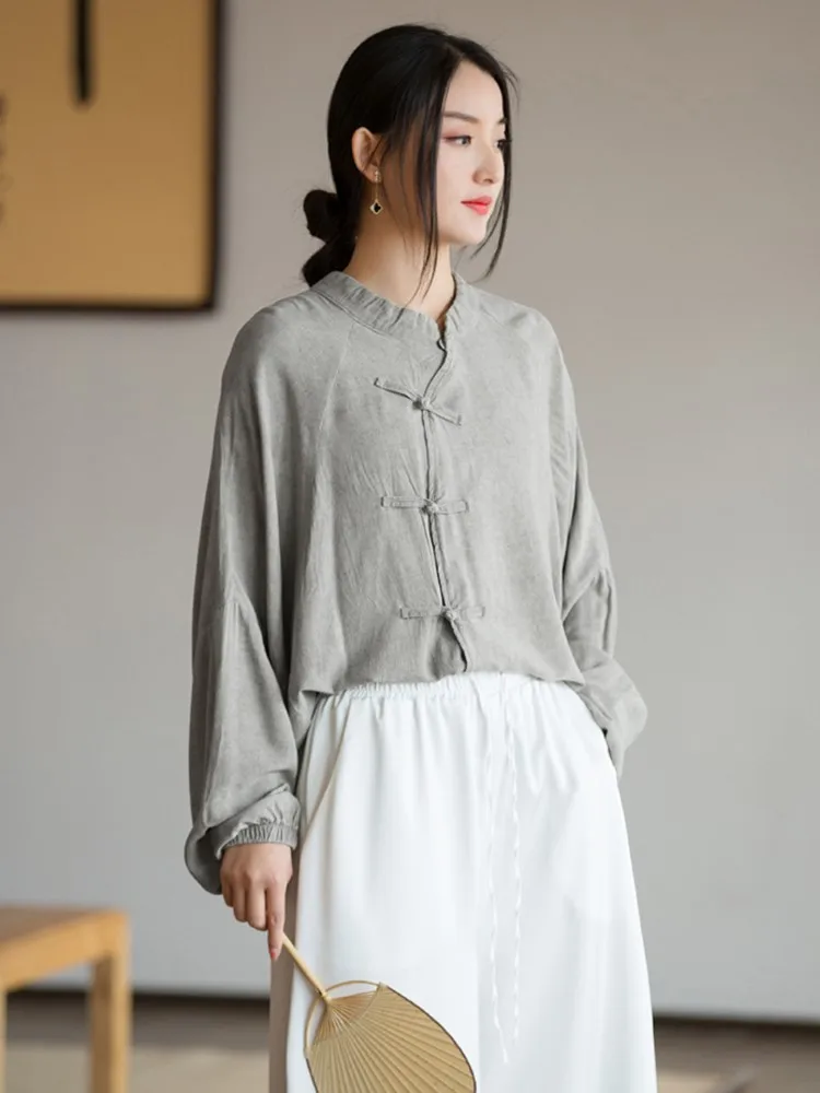 Johnature Women Chinese Style Shirts And Tops Stand Solid Color Button Blouses… - Image 4