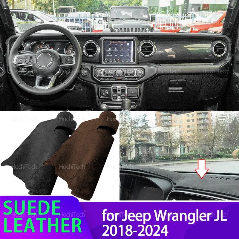 

Для Jeep Wrangler JL 2018-2024 анти-УФ-замшевый кожаный коврик для приборной панели, коврик для приборной панели, солнцезащитный коврик 2020 2021 2022 2023