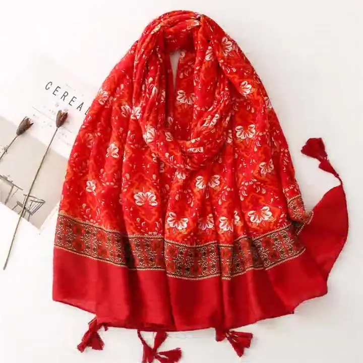 

Scarf Retro Ethnic Style Red Flower Bohemian Tourist Sunscreen Shawl Cotton And Hemp Texture Scarf For Women