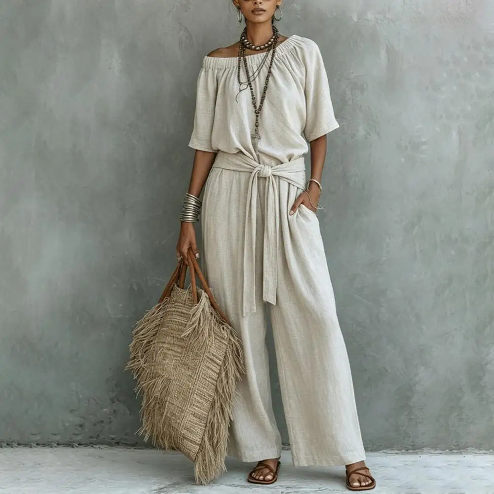Women's Solid Off Shoulder Jumpsuit, Tie Waist Short Sleeve Wide Leg Rompers, Summer Casual One Piece Outfits with Pockets