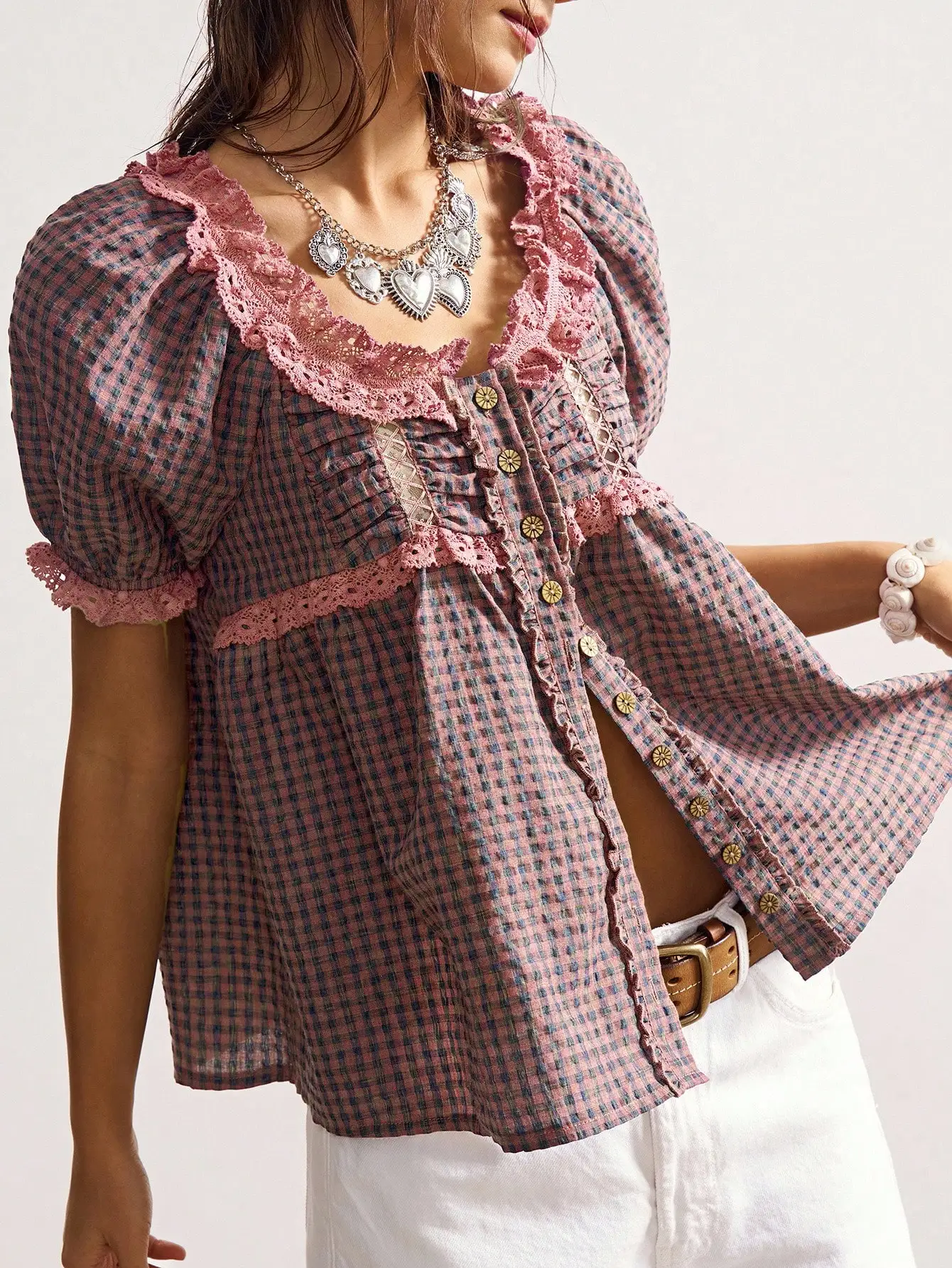 

Boho Casual Plaid Puff Sleeve V-Neck Loose Women Blouse