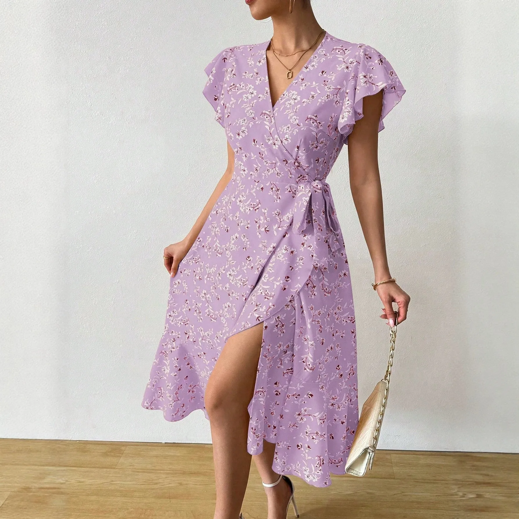 Summer Woman Dress V Neck Floral Print Open Front Dresses Elegant Women's Midi Length Self Tie Waist Maxi Dress Lilac Ruffle