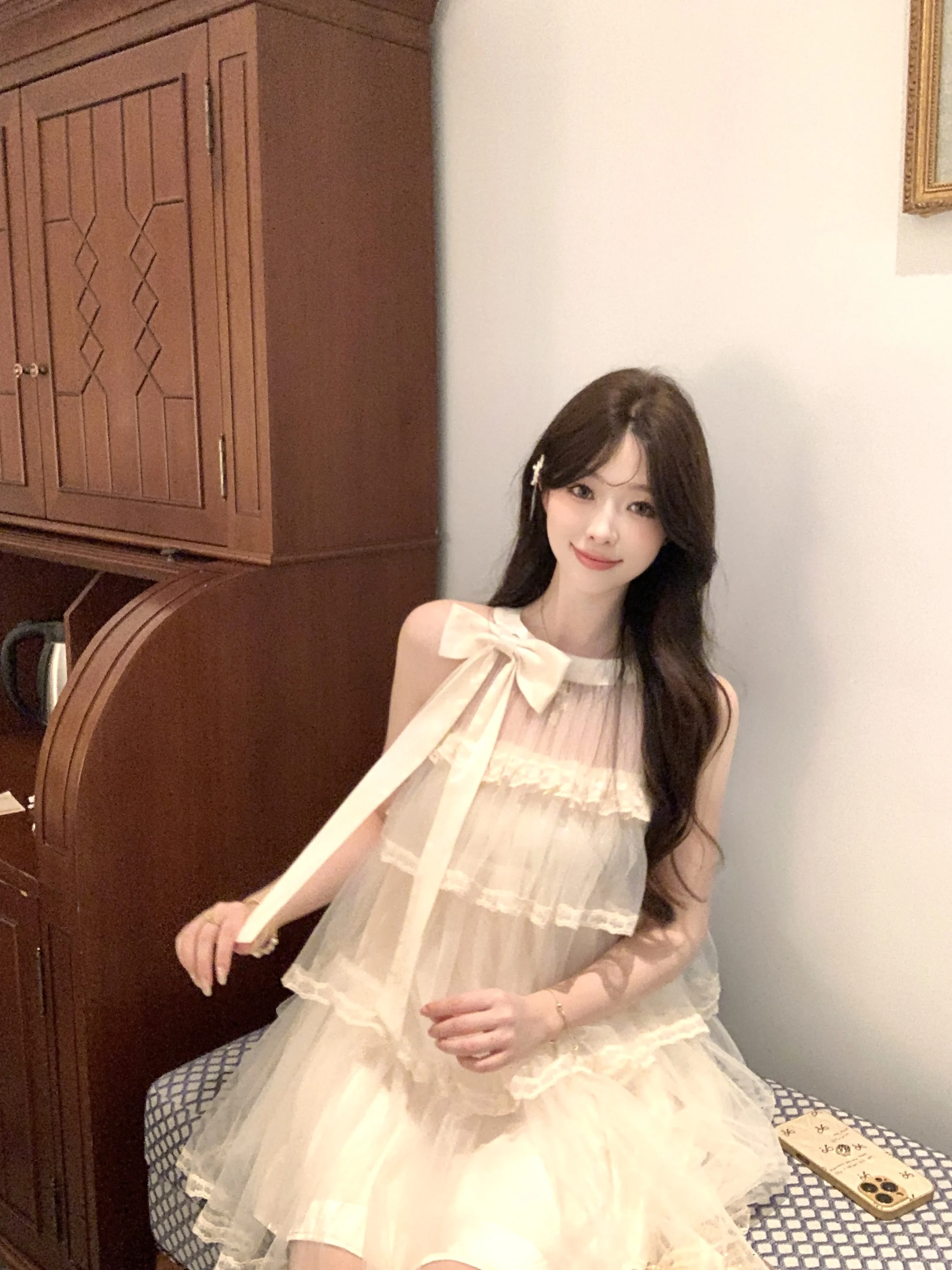 

Pure Desire White Star Dr Silk Dance Knot Svel Ne Hanging Dr Women's A-Line Skirt Princ Sle Summ...