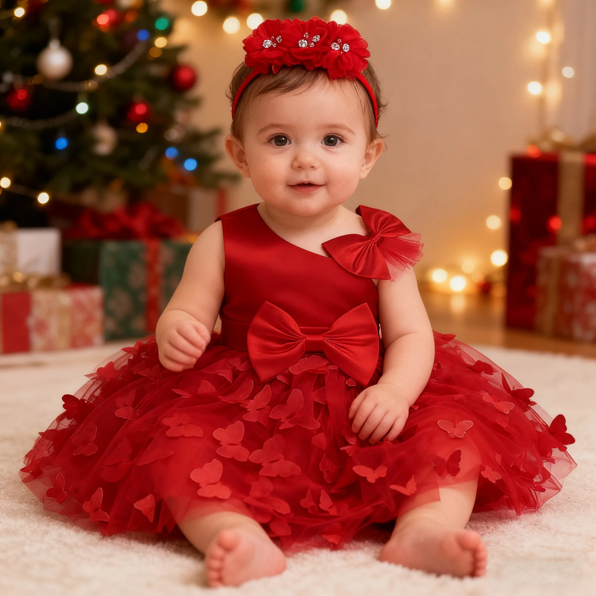 

Рождественское праздничное платье для маленьких девочек, одежда для новорожденных с цветочной бабочкой и повязка на голову, белое платье для крещения на день рождения для маленьких девочек 1 года