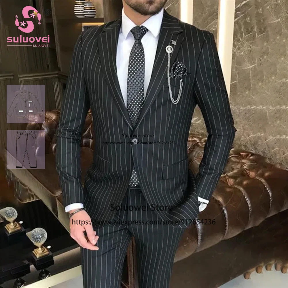 

Fashion Striped Slim Fit Suits For Men Custom Made 2 Piece Pants Set Formal Groom Wedding Dinner Tuxedo Terno Masculino Completo