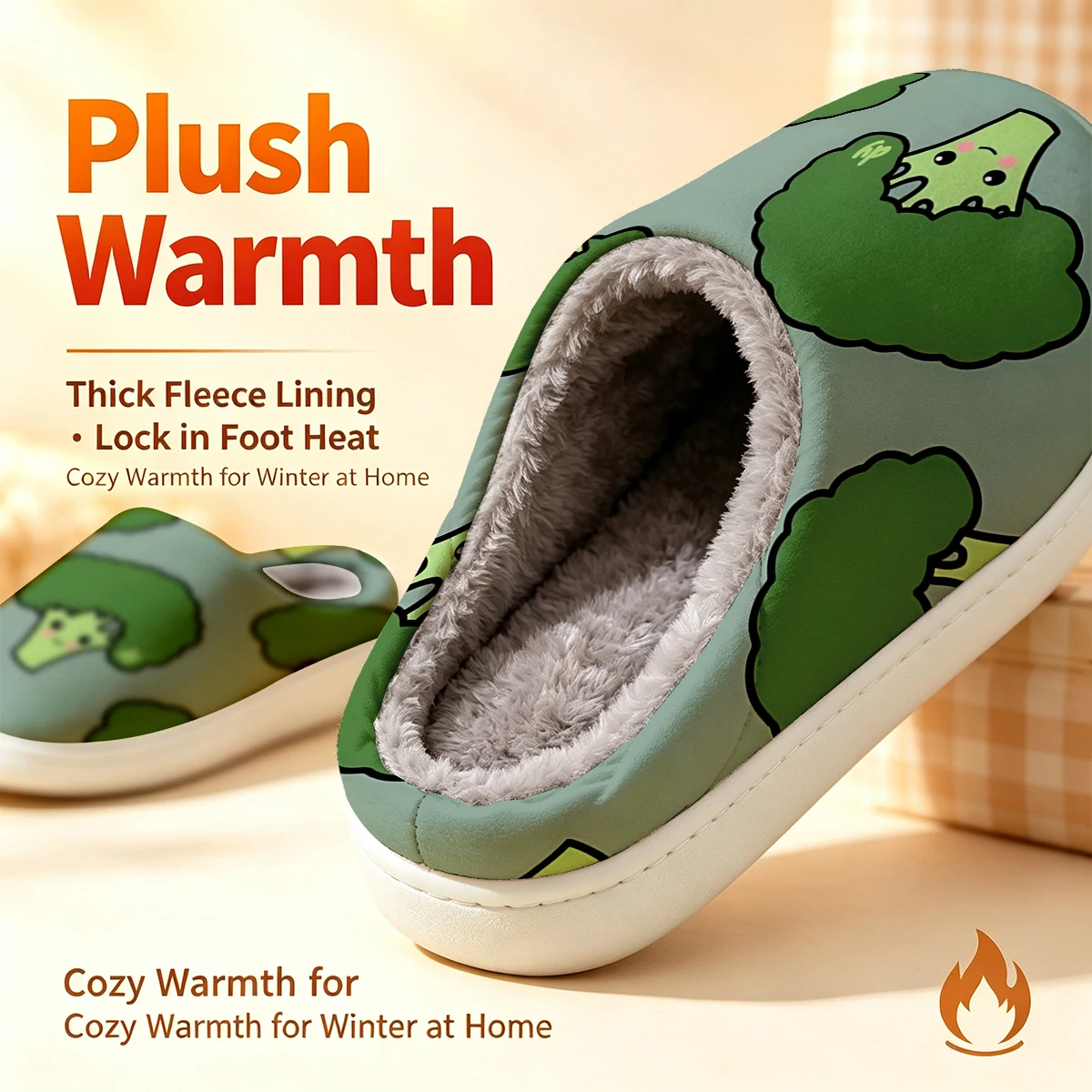 cute broccoli character Christmas White Slippers Warm Plush Indoor Shoes Non-Slip Winter Slippers Family Holiday Gifts Soft