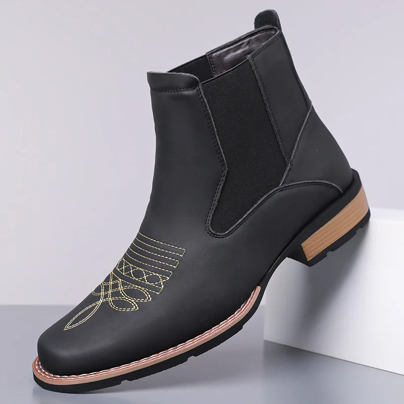 Men's Embroidered Boots Slip On Ankle Boots Genuine leather British style outdoor high-top leather boots
