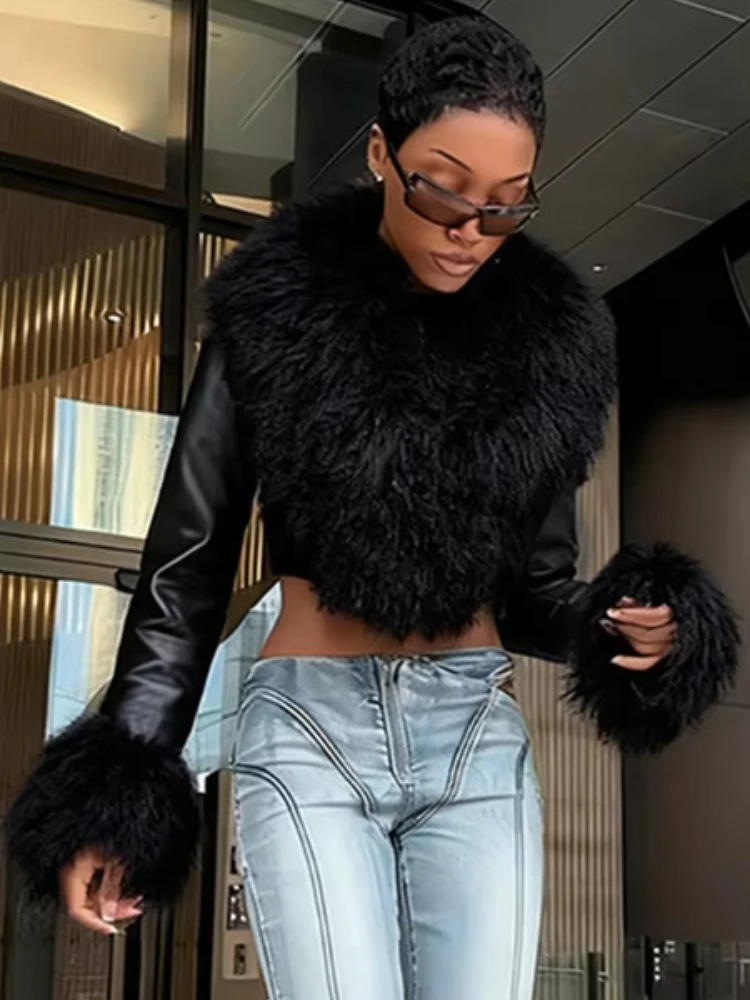 

Nibber Wild Coats Woman Furry Tassel Decoration Autumn Trend Low-Neck Full Sleeve Navel Exposed High Street Style Classic Tops