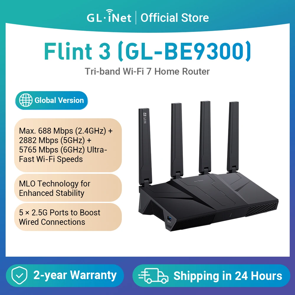GL.iNet GL-BE9300 (Flint 3) First Tri-band Wi-Fi 7 Home Router 5× 2.5G Ports Robust VPN Capabilities and Parental Controls