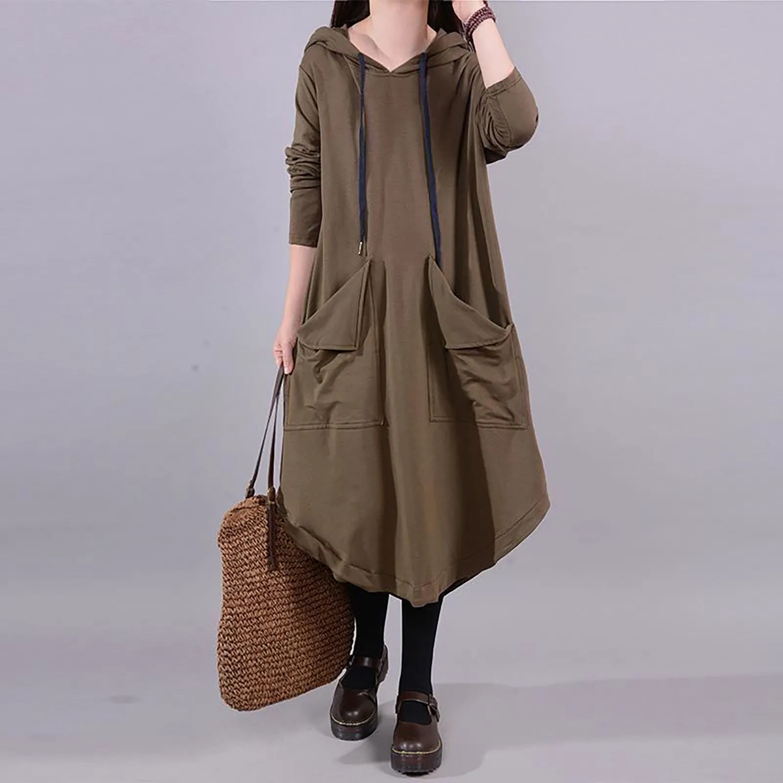 

2023 Spring Autumn New Solid Color Hooded Long Sleeve Midi Dress Women Fashion Pockets Asymmetrical All-match Vintage Dresses