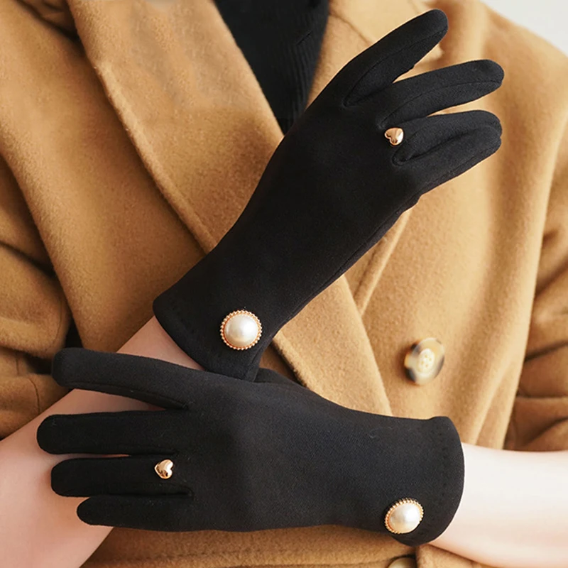 Women Winter Keep Warm Fingertips Clamshell Touch Screen Pearl Gloves Fashion Elegant Retro Luxury Fleece Soft Drive