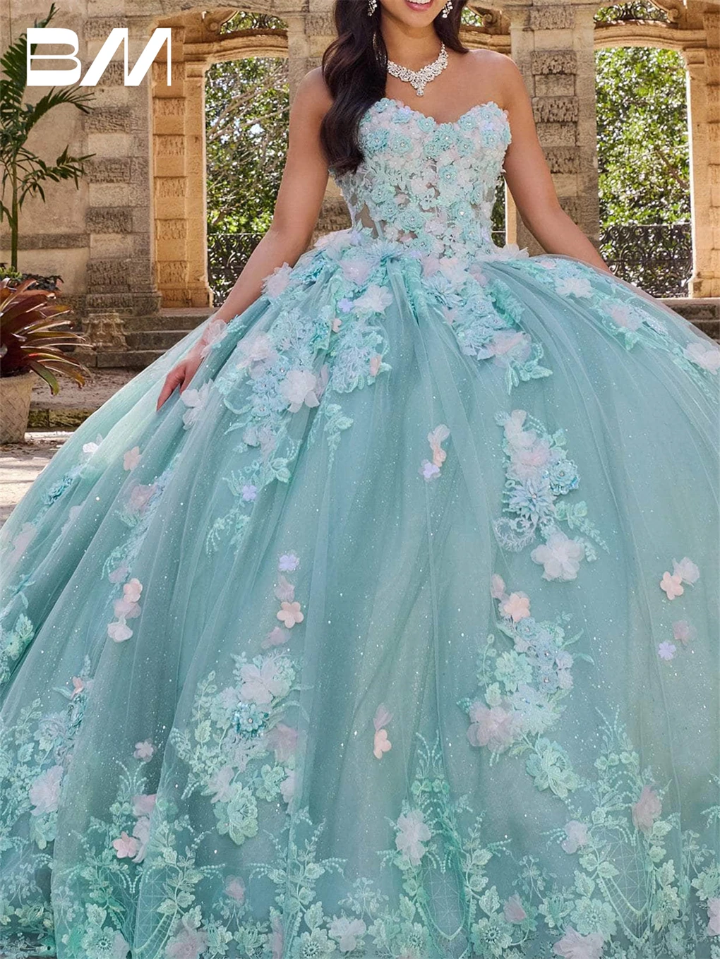 Vestido De quinceañera sin tirantes con detalles florales, Vestidos De cóctel con cordones en la espalda, vestido De Baile De cola De barrido