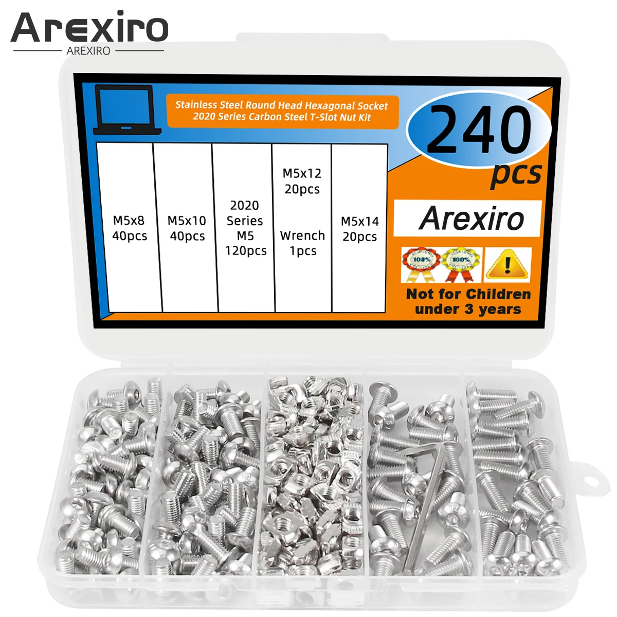 

240Pcs 304 Stainless Steel M5x8/10/12/14mm Round Head Hexagonal Carbon Steel 2020 Series European Standard T-Nut