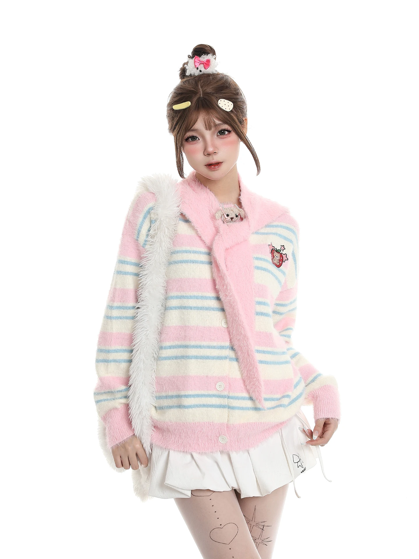 

Sweet Anti-Aging Cartoon Striped Open Cardigan Sweater Women's Winter Loose Slimming Soft Warm Knitted irt with awl