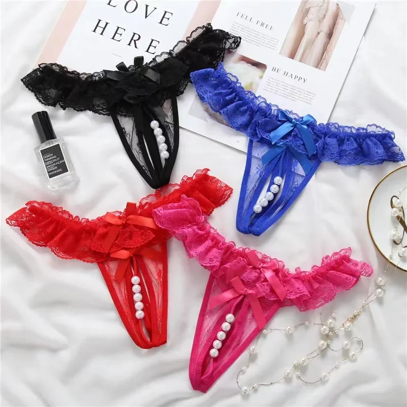 Sexy Panties for Hot Sex Women's Massage Bead Bow Chain Thong Soft Lace Crothless Lingerie Tie Low Waist Hollow G-string Thongs