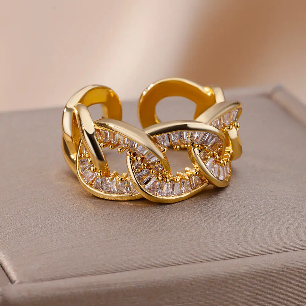 Anillos de cadena de acero inoxidable para mujer, anillo de dedo ajustable de circón de Color dorado, joyería de boda de tendencia, anillos inoxidables, 2023