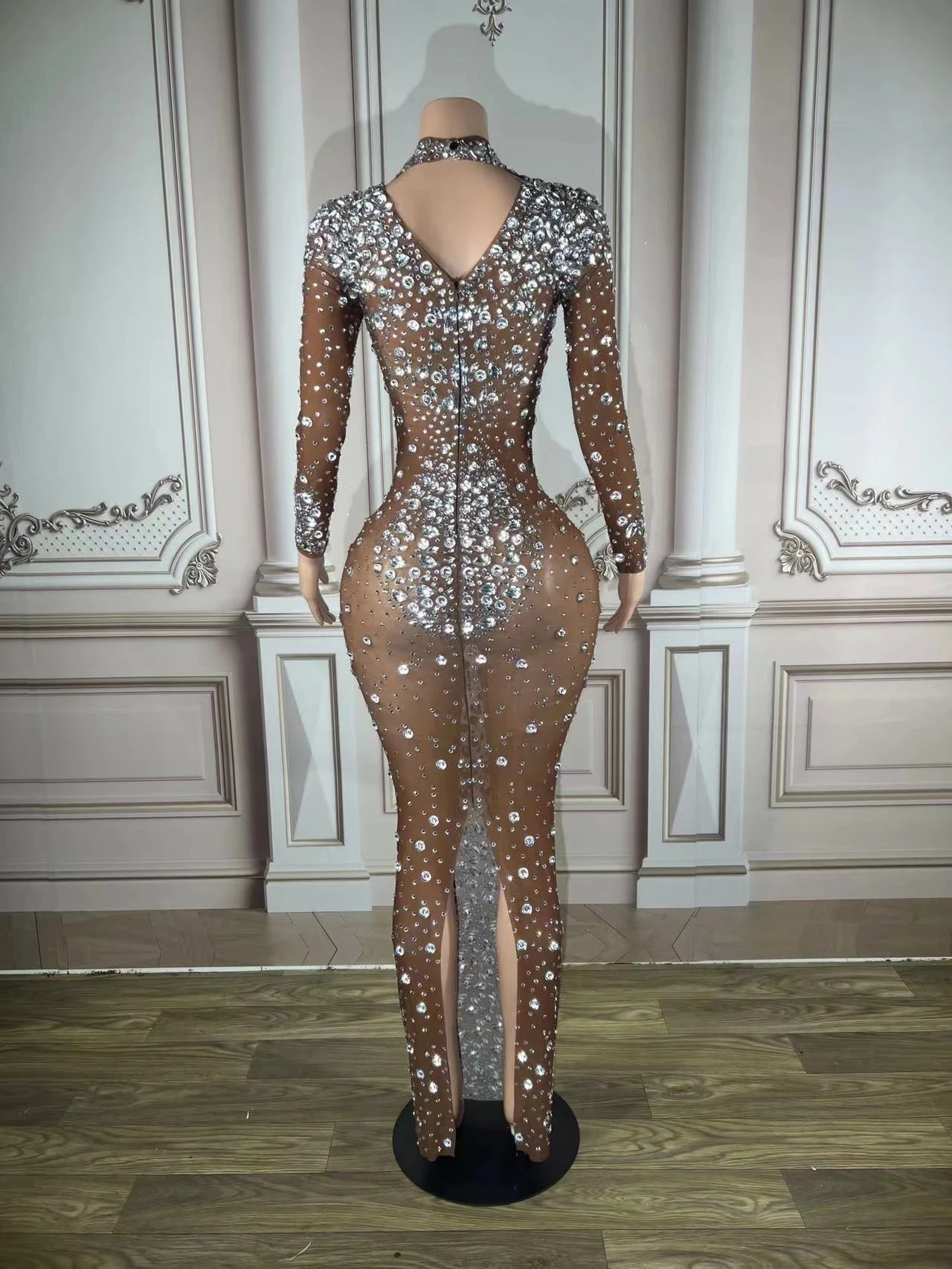 See Through Rhinestone Transparent Long Dress Evening Birthday Celebrate Luxurury Costume Birthday Outfit Club Party Dress