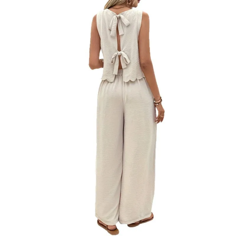 Sleeveless Tank Top Set with Full Length Long Pants High Manganese Acid Wash Commuter Style Sexy Elegant Commuter Set Women