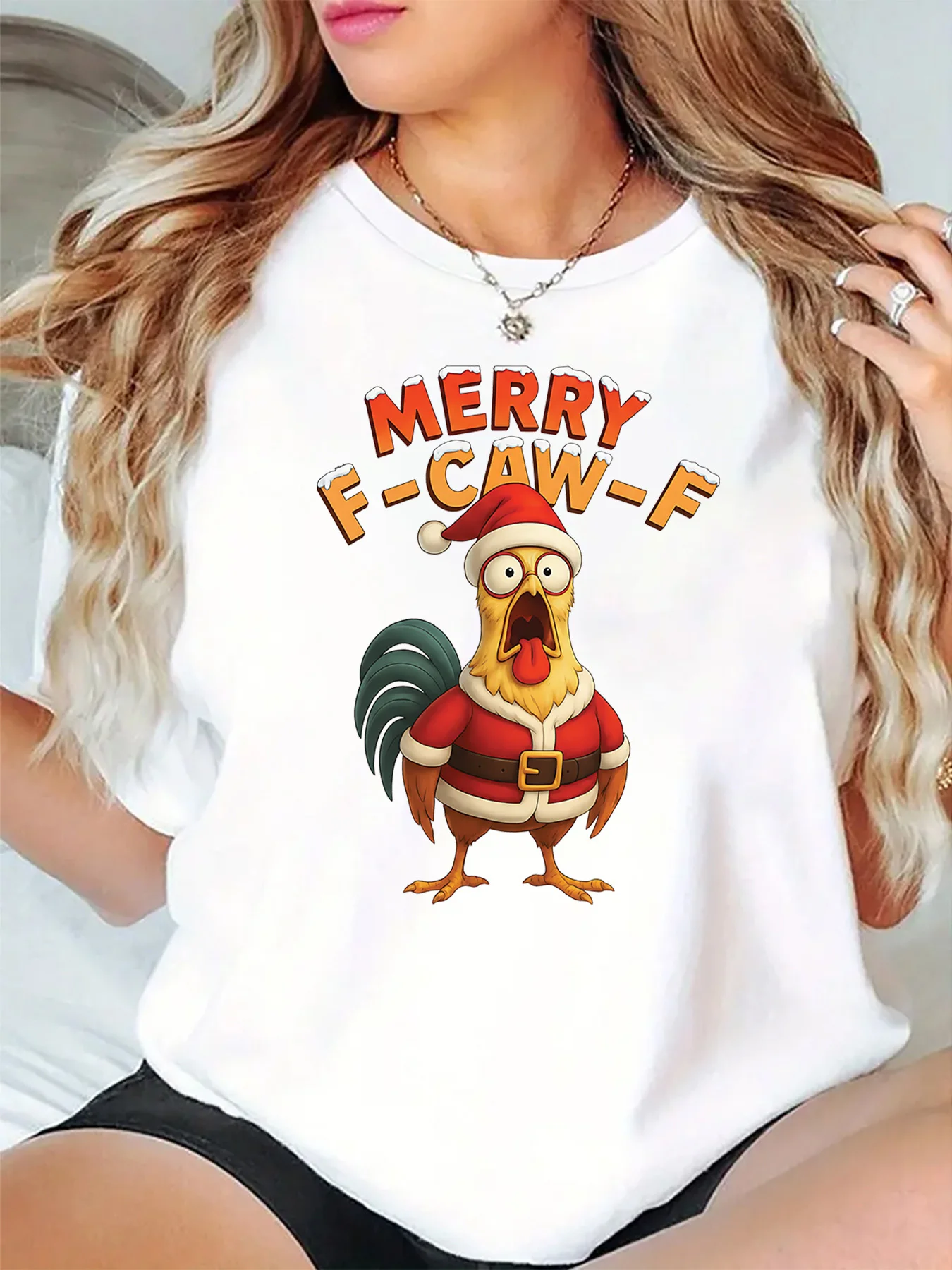 Merry F Caw F Funny Cartoon Santa Rooster Art Graphic Womens T Shirt Short Sleeve Crew Neck Daily Casual Ladies Tee Tops
