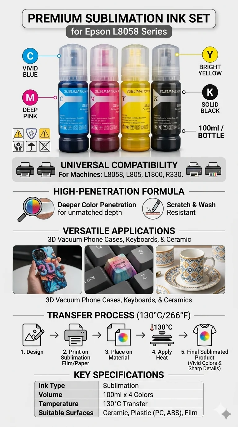 Sublimation Ink for Epson L8058 L18050 L805 L1800 R330, Ultra Deep Black Heat Transfer Ink for Phone Case Mug Ceramic