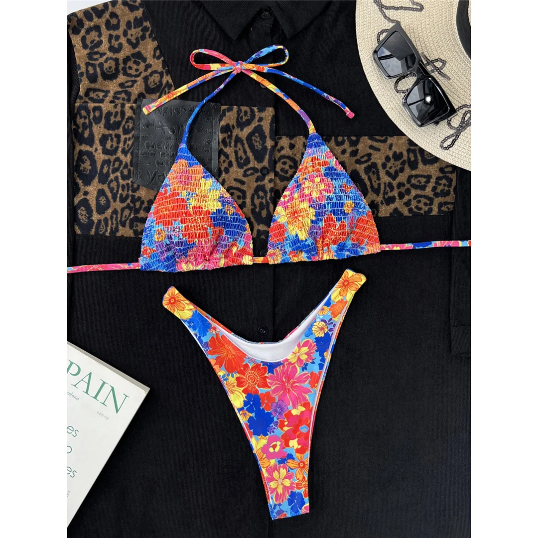 Sexy, mit Blumenmuster bedruckter, halterneckiger, brasilianischer Bikini, Damen-Badeanzug, zweiteiliges Bikini-Set, Badebekleidung, Badeanzug, Schwimmbekleidung V4667 – Detail 9